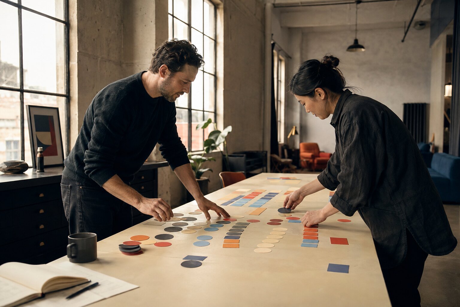 Strategists arranging customer acquisition channels on a planning table