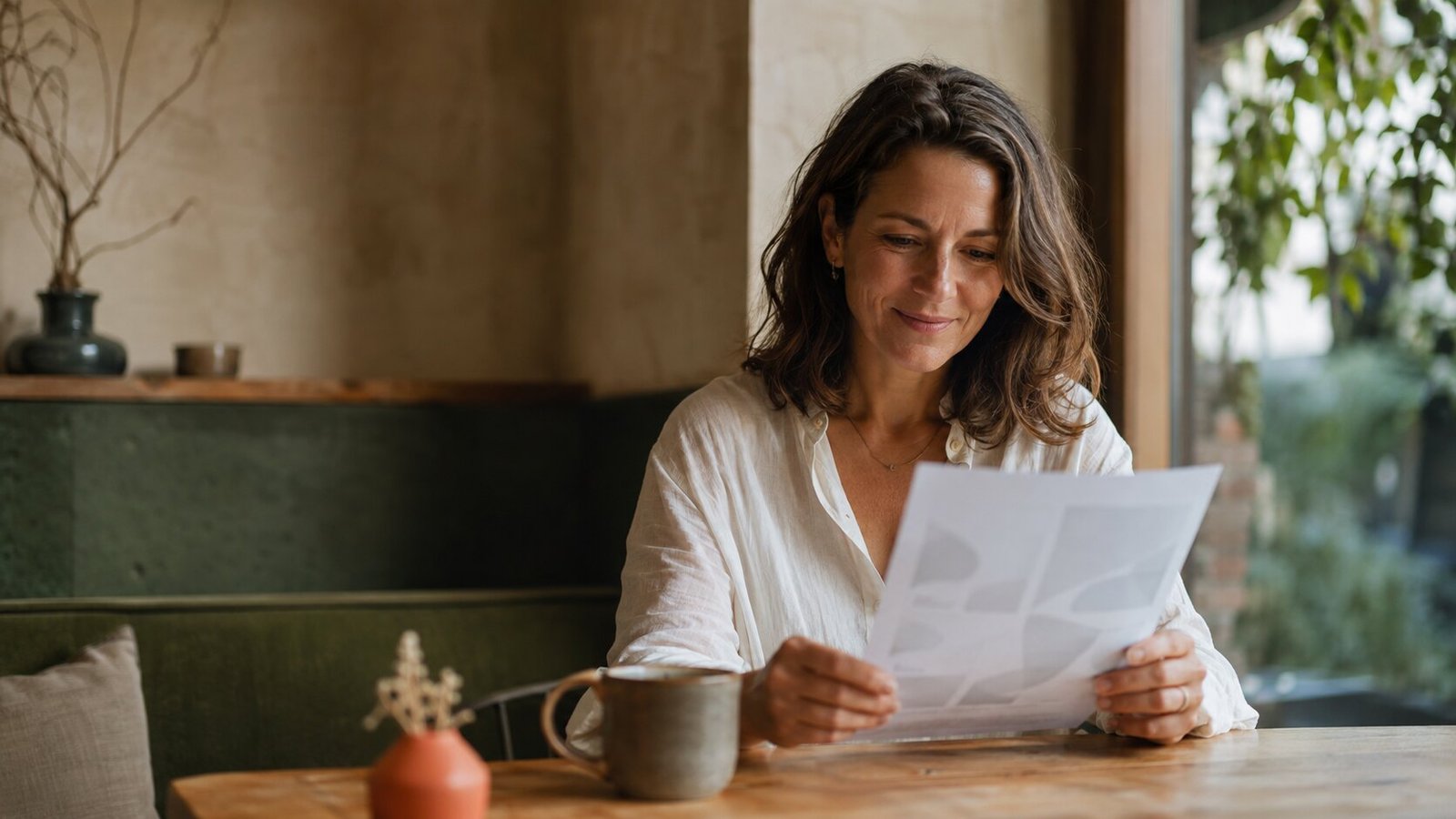 Business owner reading a completed marketing strategy summary