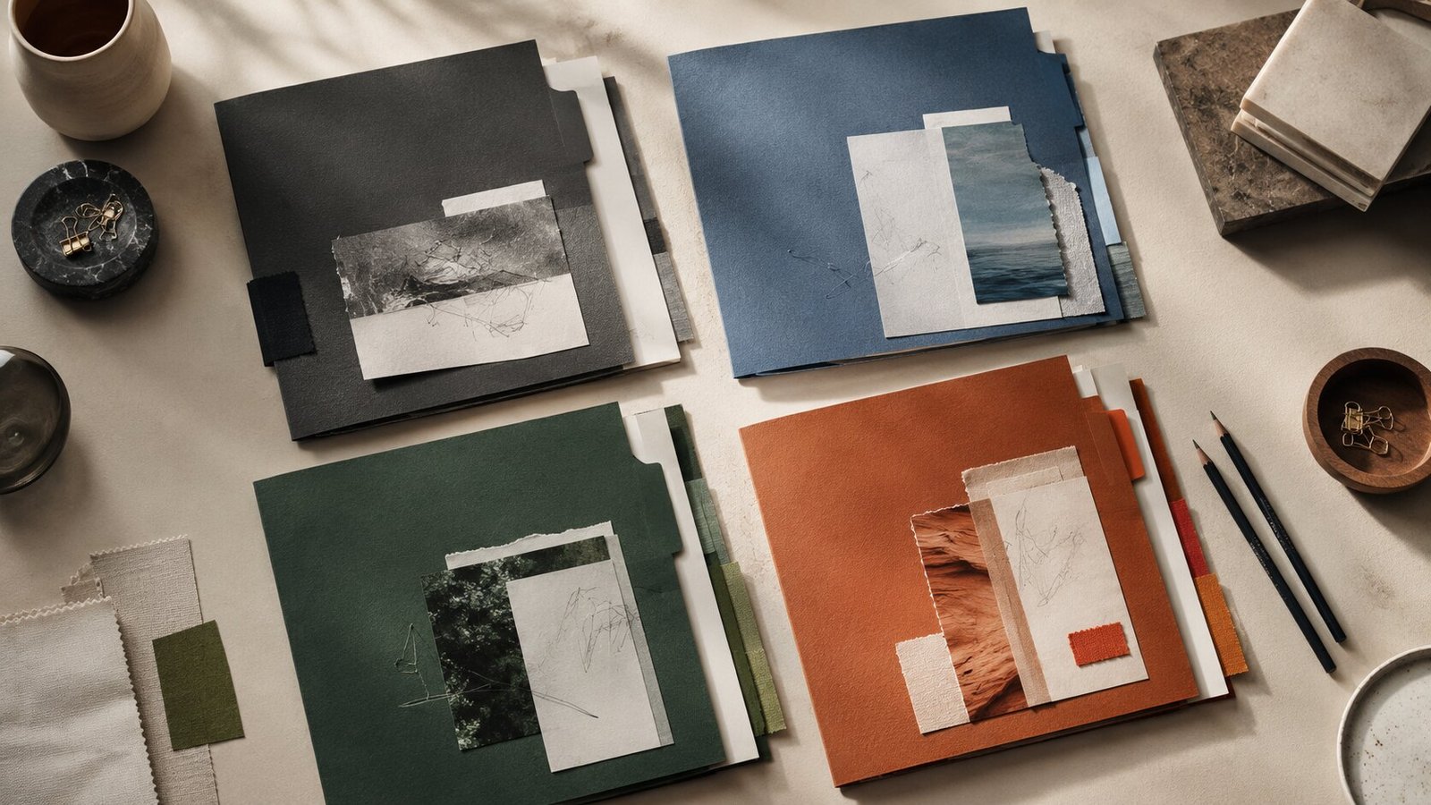 Four organized marketing workstream folders on a studio table